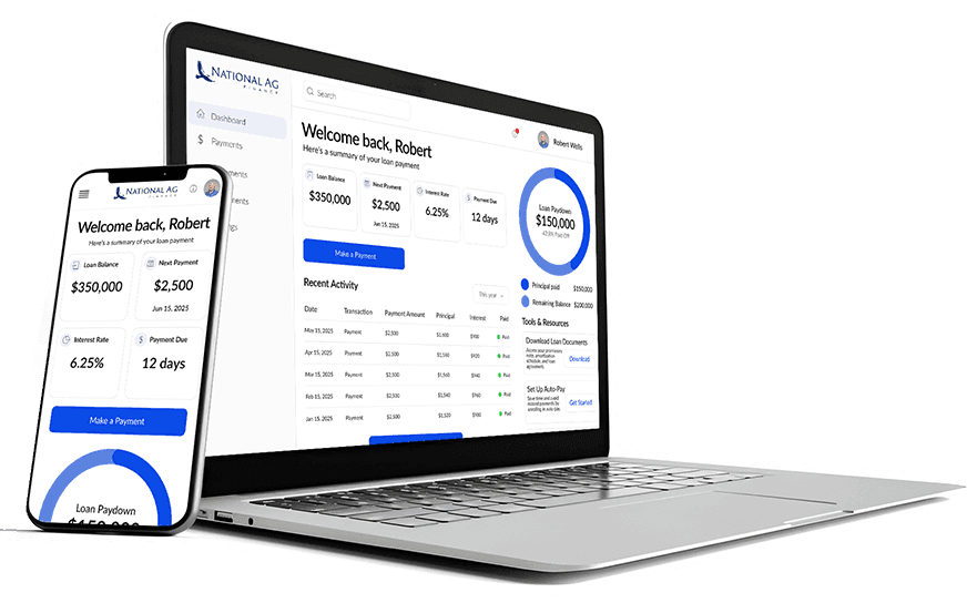 Digital dashboard for farm loans displayed on laptop and mobile